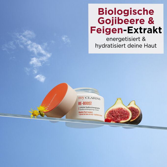 Creme mit Gojibeere und Feige und Textinfo, dass deren Extrakte energetisieren & hydratisieren