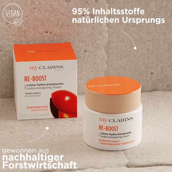 Re-Boost Creme mit Textinfo: Textur 95% natürlichen Ursprungs, Faltschachtelpapier aus nachhaltiger Forstwirtschaft