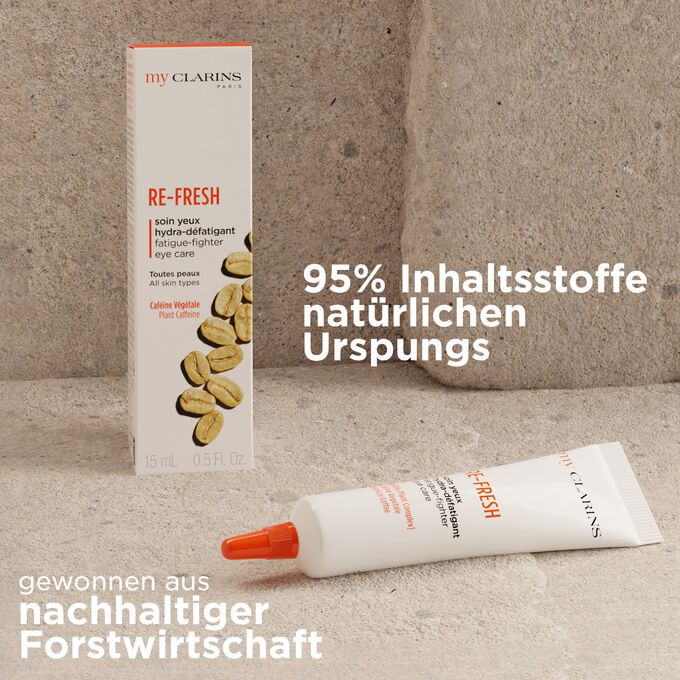 Re-Fresh Augenpflege mit Textinfo: Textur 95% natürlichen Ursprungs, Faltschachtelpapier aus nachhaltiger Forstwirtschaft