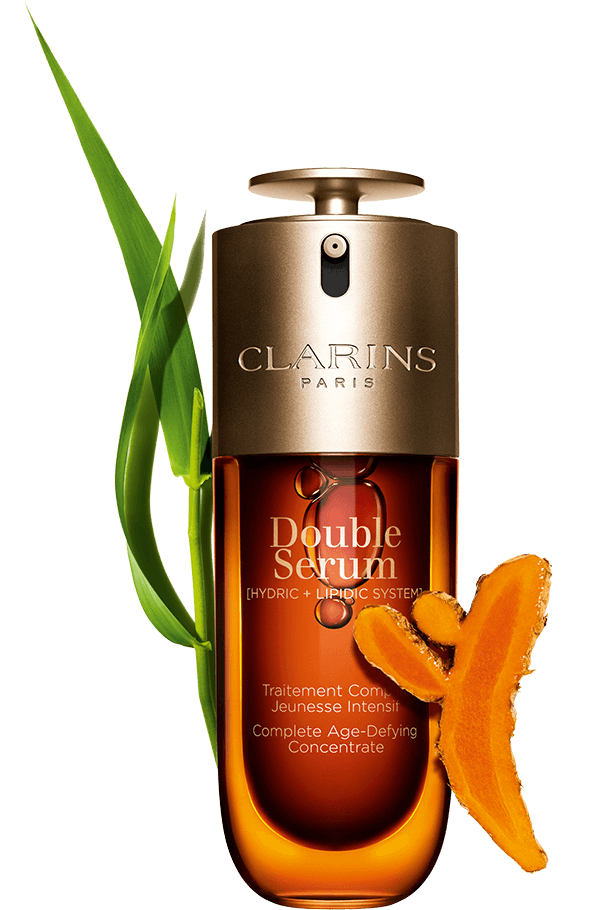 Aktivierter Packshot von Double Serum mit den Hauptaktivstoffen biologischer Pfahlrohr-Extrakt & Curcuma-Extrakt